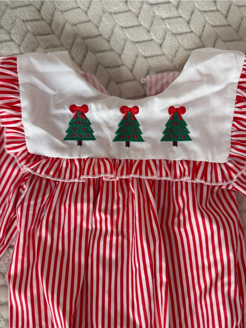 Red Stripe Baby Christmas Outfit with Tree Applique